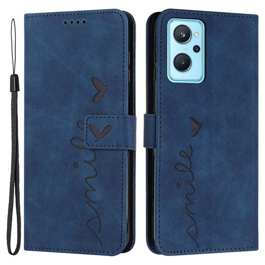 For Oppo A36/A76/K10 4G/Realme 9i Heart Shape Impact Resistant Imprinted Phone Case PU Leather Skin-touch Feeling Wallet Stand Feature Shell with Strap - Sapphire