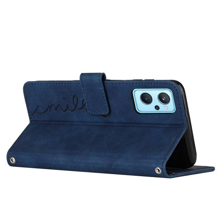 For Oppo A36/A76/K10 4G/Realme 9i Heart Shape Impact Resistant Imprinted Phone Case PU Leather Skin-touch Feeling Wallet Stand Feature Shell with Strap - Sapphire