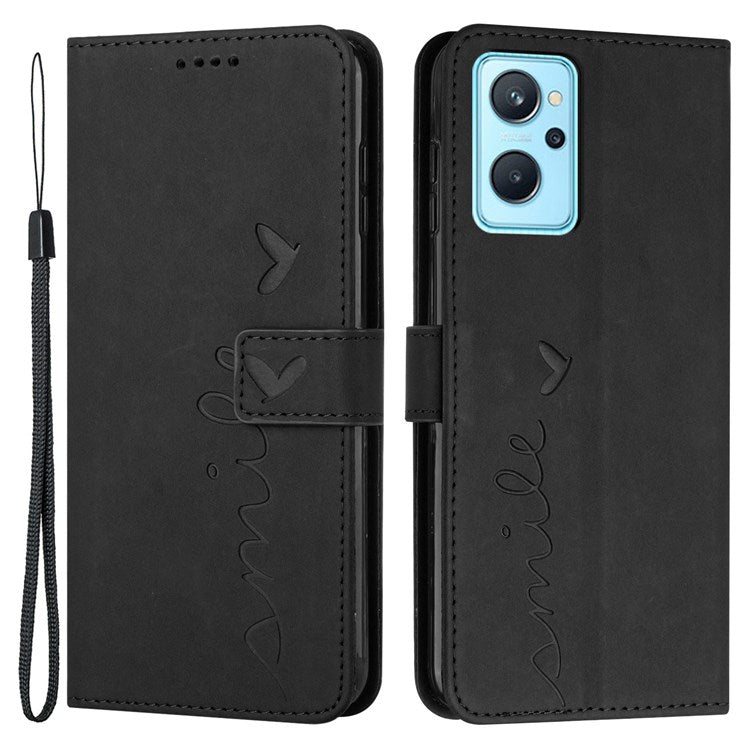For Oppo A36/A76/K10 4G/Realme 9i Heart Shape Impact Resistant Imprinted Phone Case PU Leather Skin-touch Feeling Wallet Stand Feature Shell with Strap - Black