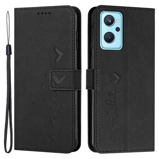 For Oppo A36/A76/K10 4G/Realme 9i Heart Shape Impact Resistant Imprinted Phone Case PU Leather Skin-touch Feeling Wallet Stand Feature Shell with Strap - Black