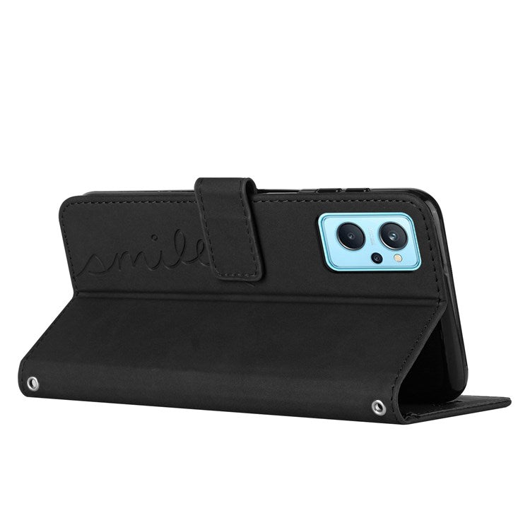For Oppo A36/A76/K10 4G/Realme 9i Heart Shape Impact Resistant Imprinted Phone Case PU Leather Skin-touch Feeling Wallet Stand Feature Shell with Strap - Black