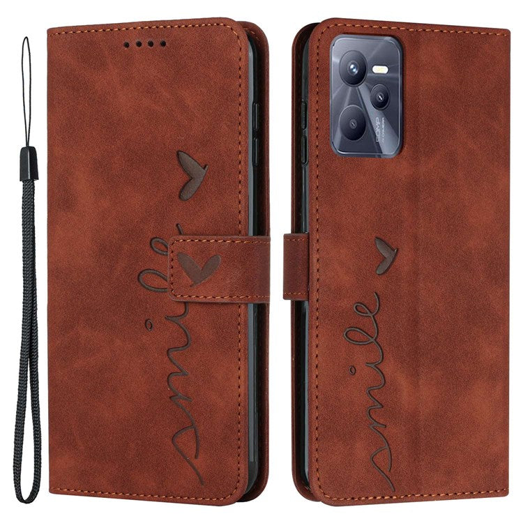 For Realme C35/Narzo 50A Prime 4G Heart Shape Imprinted Phone Case PU Leather Skin-touch Feeling Wallet Stand Feature Shell with Strap - Brown