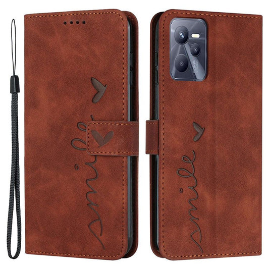 For Realme C35/Narzo 50A Prime 4G Heart Shape Imprinted Phone Case PU Leather Skin-touch Feeling Wallet Stand Feature Shell with Strap - Brown