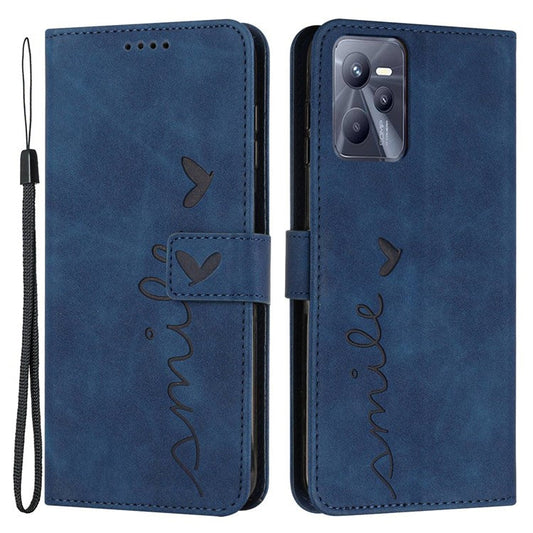 For Realme C35/Narzo 50A Prime 4G Heart Shape Imprinted Phone Case PU Leather Skin-touch Feeling Wallet Stand Feature Shell with Strap - Sapphire