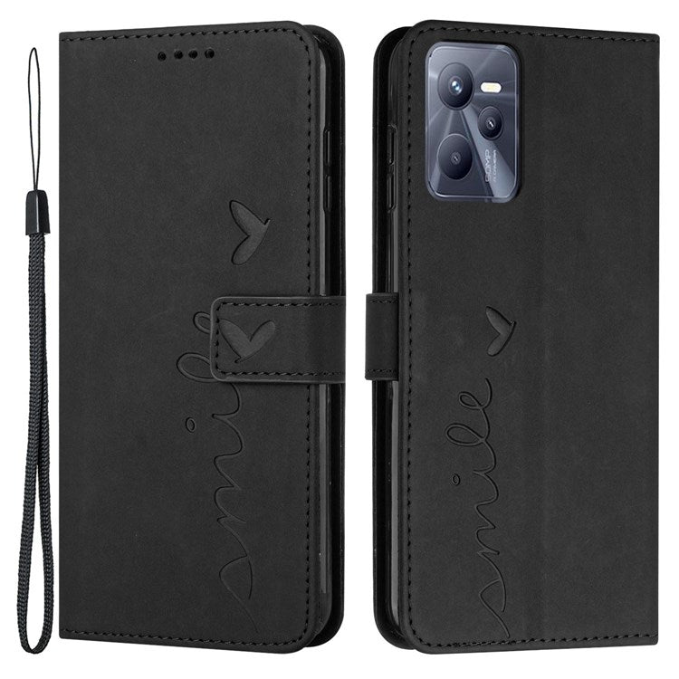 For Realme C35/Narzo 50A Prime 4G Heart Shape Imprinted Phone Case PU Leather Skin-touch Feeling Wallet Stand Feature Shell with Strap - Black