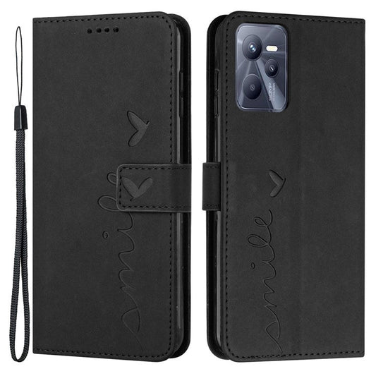For Realme C35/Narzo 50A Prime 4G Heart Shape Imprinted Phone Case PU Leather Skin-touch Feeling Wallet Stand Feature Shell with Strap - Black
