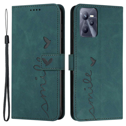 For Realme C35/Narzo 50A Prime 4G Heart Shape Imprinted Phone Case PU Leather Skin-touch Feeling Wallet Stand Feature Shell with Strap - Green