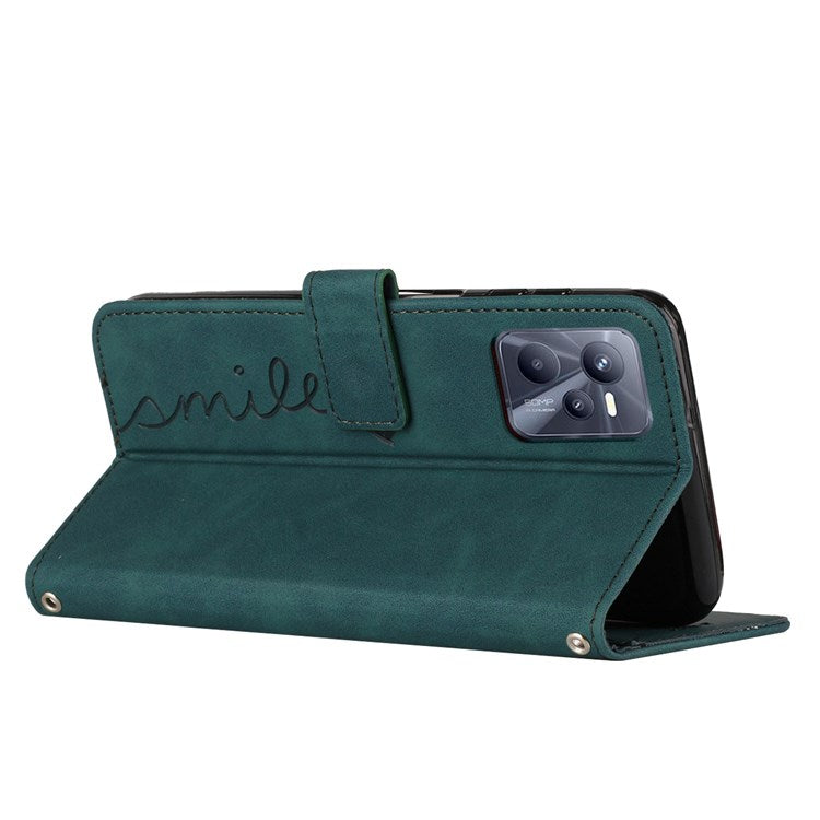 For Realme C35/Narzo 50A Prime 4G Heart Shape Imprinted Phone Case PU Leather Skin-touch Feeling Wallet Stand Feature Shell with Strap - Green