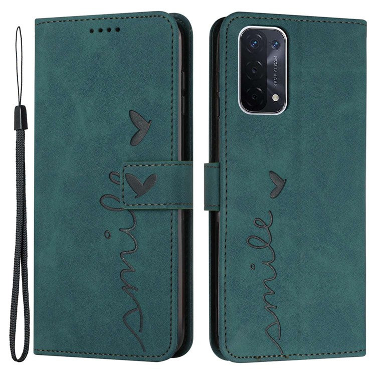 For Oppo A74 5G/A93 5G/A54 5G Imprinted Heart Shape Wallet Case Skin-touch Feeling Leather Stand Feature Flip Cover with Strap - Green