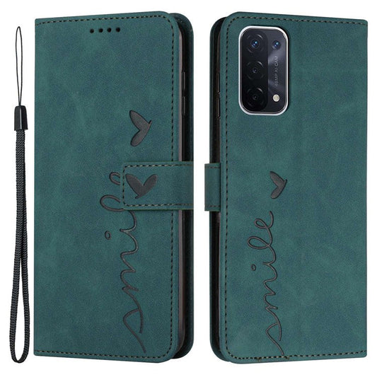 For Oppo A74 5G/A93 5G/A54 5G Imprinted Heart Shape Wallet Case Skin-touch Feeling Leather Stand Feature Flip Cover with Strap - Green