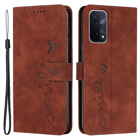 For Oppo A74 5G/A93 5G/A54 5G Imprinted Heart Shape Wallet Case Skin-touch Feeling Leather Stand Feature Flip Cover with Strap - Brown
