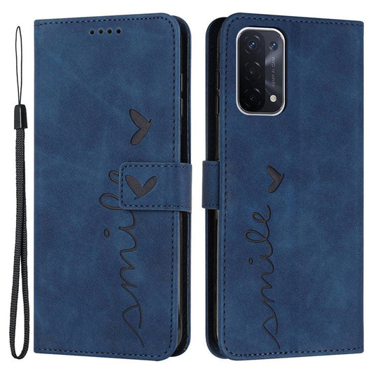 For Oppo A74 5G/A93 5G/A54 5G Imprinted Heart Shape Wallet Case Skin-touch Feeling Leather Stand Feature Flip Cover with Strap - Sapphire