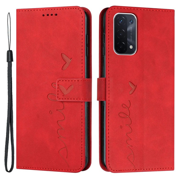 For Oppo A74 5G/A93 5G/A54 5G Imprinted Heart Shape Wallet Case Skin-touch Feeling Leather Stand Feature Flip Cover with Strap - Red