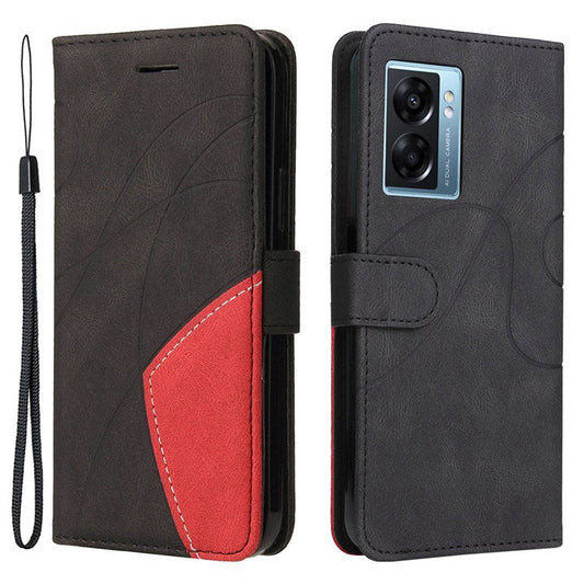 KT Leather Series-1 for Oppo A57 (2022) 5G / A77 5G / Realme V23 5G Dual-color Splicing PU Leather Stand Wallet Phone Case Folio Flip Cover - Black