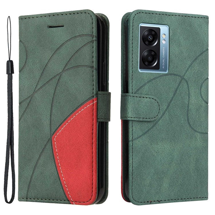 KT Leather Series-1 for Oppo A57 (2022) 5G / A77 5G / Realme V23 5G Dual-color Splicing PU Leather Stand Wallet Phone Case Folio Flip Cover - Green