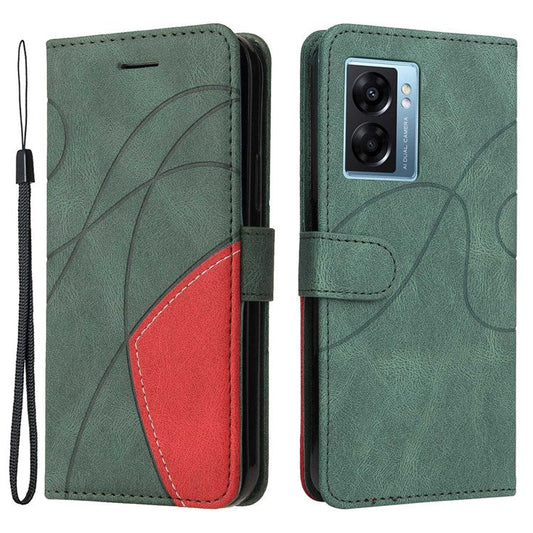 KT Leather Series-1 for Oppo A57 (2022) 5G / A77 5G / Realme V23 5G Dual-color Splicing PU Leather Stand Wallet Phone Case Folio Flip Cover - Green