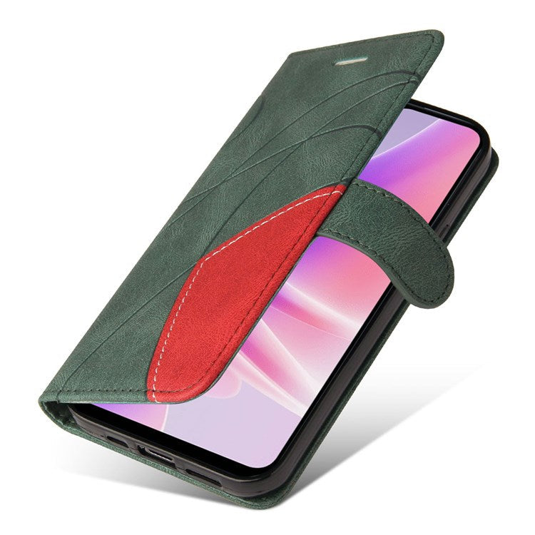 KT Leather Series-1 for Oppo A57 (2022) 5G / A77 5G / Realme V23 5G Dual-color Splicing PU Leather Stand Wallet Phone Case Folio Flip Cover - Green