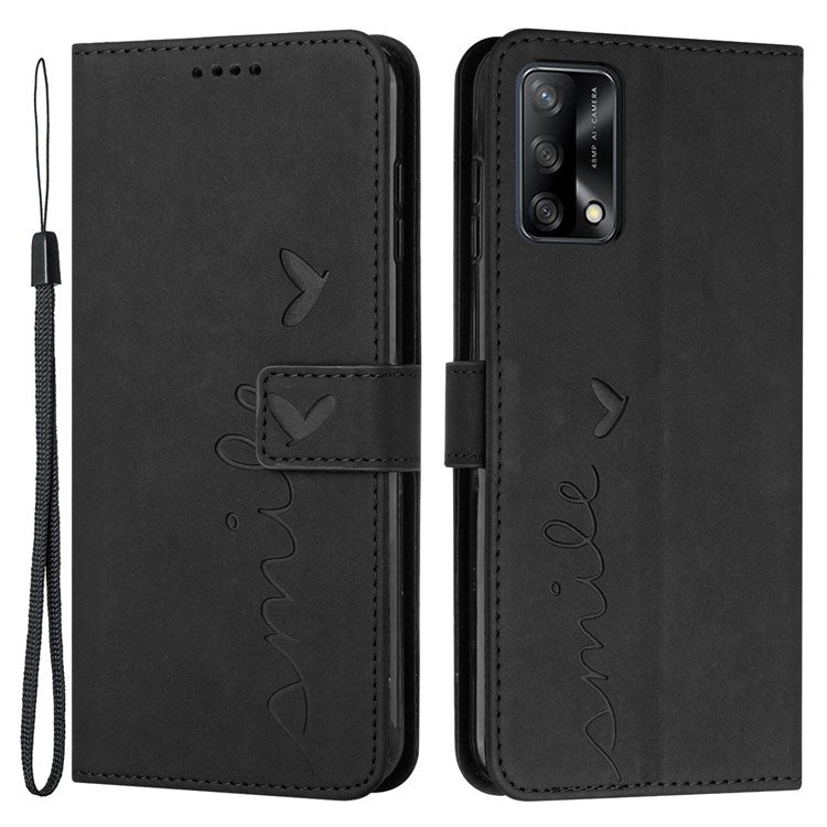 For Oppo A74 4G/F19/F19s/A95 4G PU Leather Imprinted Heart Shape Stand Case Skin-touch Feeling Wallet Magnetic Flip Cover with Strap - Black