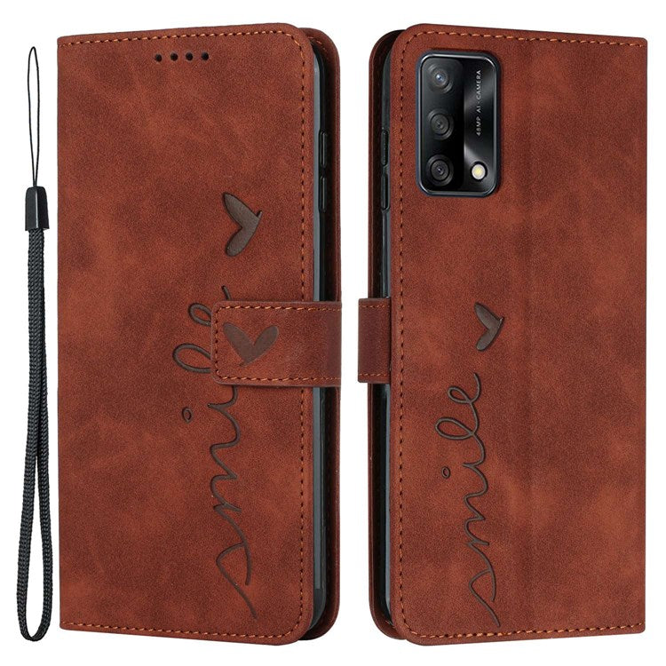 For Oppo A74 4G/F19/F19s/A95 4G PU Leather Imprinted Heart Shape Stand Case Skin-touch Feeling Wallet Magnetic Flip Cover with Strap - Brown
