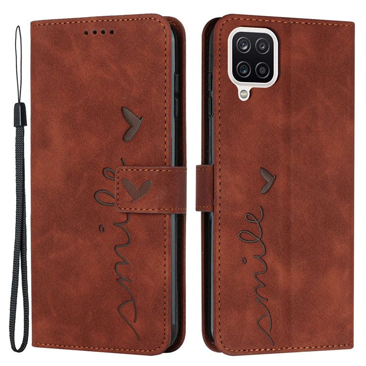 Stand Wallet Skin-touch Phone Case for Samsung Galaxy A42 5G, Heart Shape Imprinted PU Leather + TPU All-round Cover - Brown
