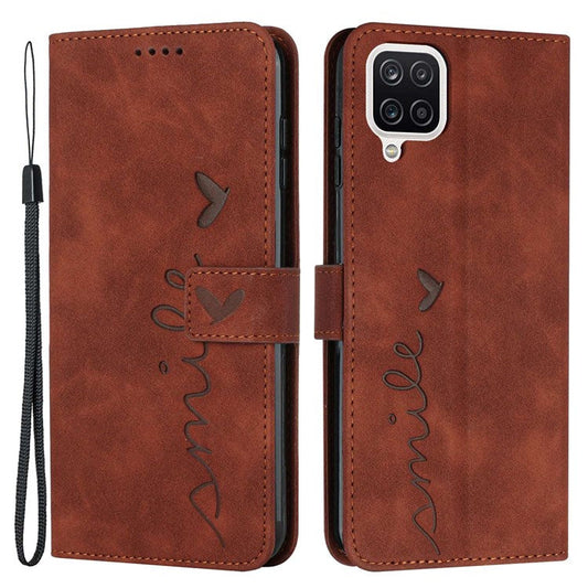 Stand Wallet Skin-touch Phone Case for Samsung Galaxy A42 5G, Heart Shape Imprinted PU Leather + TPU All-round Cover - Brown