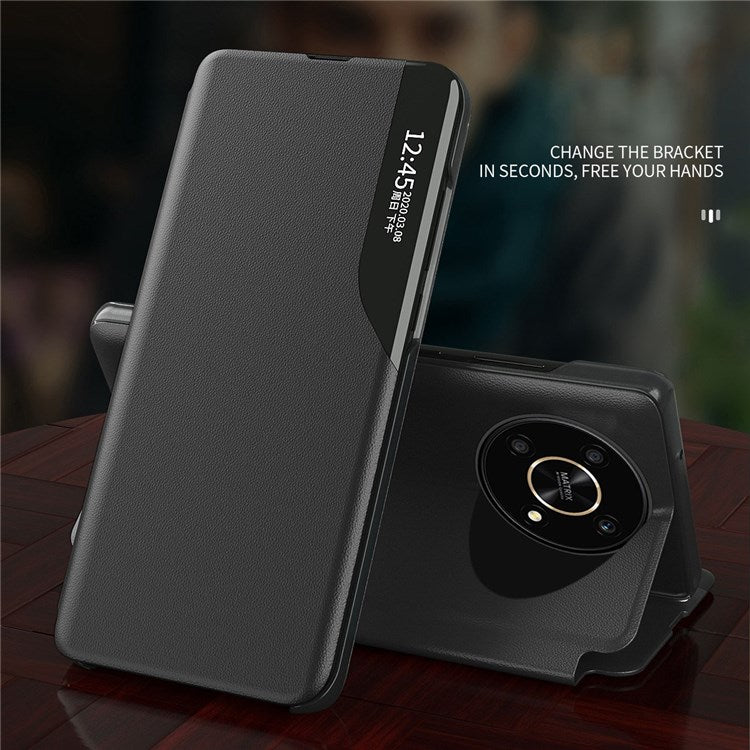 For Honor X9 5G/X30 5G/Magic4 Lite 5G Well-protected Phone Case Clear View Window Stand Feature Leather Protective Shell - Orange