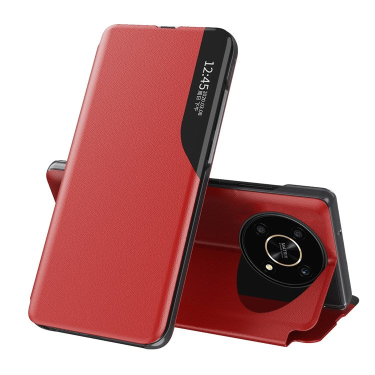 For Honor X9 5G/X30 5G/Magic4 Lite 5G Well-protected Phone Case Clear View Window Stand Feature Leather Protective Shell - Red