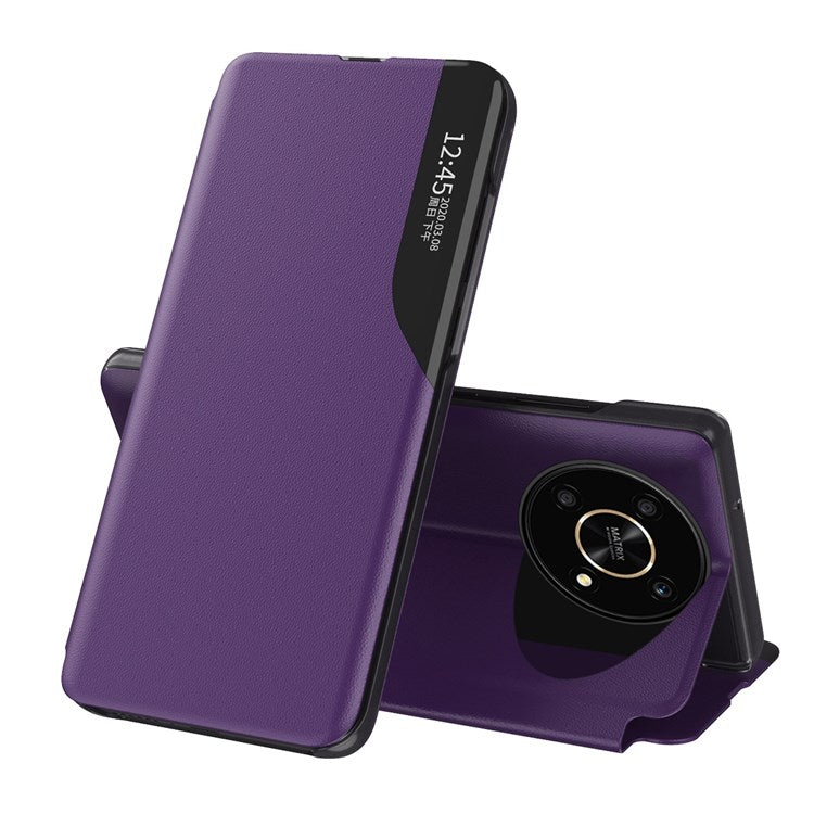 For Honor X9 5G/X30 5G/Magic4 Lite 5G Well-protected Phone Case Clear View Window Stand Feature Leather Protective Shell - Purple