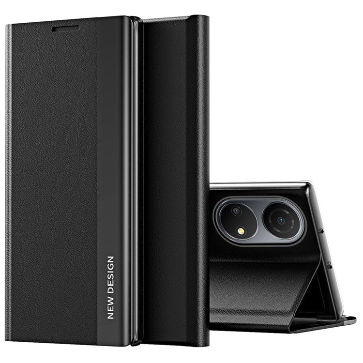 For Honor X7 / Honor Play 30 Plus 5G Shockproof PU Leather Stand Design Case Electroplating Phone Cover - Black