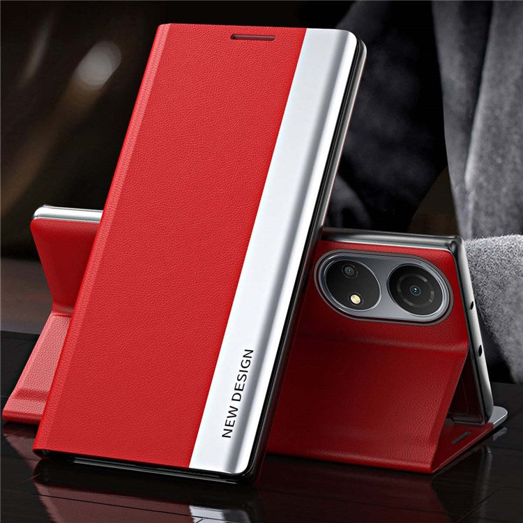 For Honor X7 / Honor Play 30 Plus 5G Shockproof PU Leather Stand Design Case Electroplating Phone Cover - Red