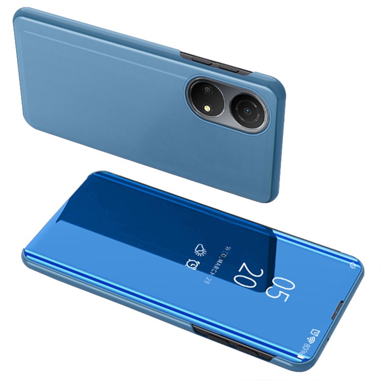 For Honor X7/Play 30 Plus 5G Adjustable Stand Design PU Leather Anti-shock Case View Window Electroplate Mirror Mobile Phone Protector - Sky Blue