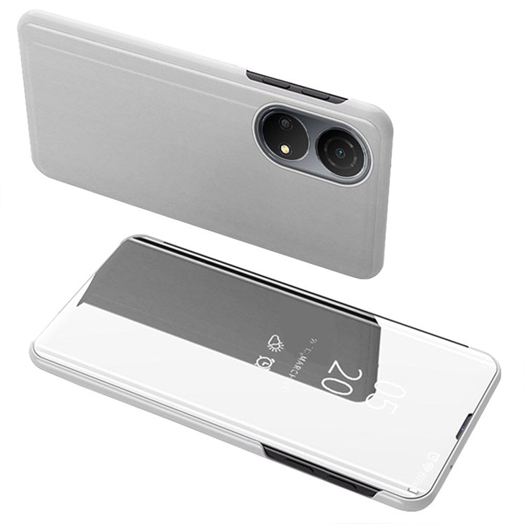 For Honor X7/Play 30 Plus 5G Adjustable Stand Design PU Leather Anti-shock Case View Window Electroplate Mirror Mobile Phone Protector - Silver