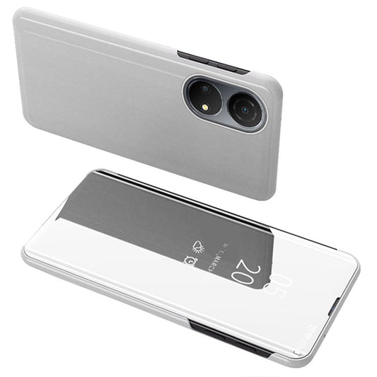 For Honor X7/Play 30 Plus 5G Adjustable Stand Design PU Leather Anti-shock Case View Window Electroplate Mirror Mobile Phone Protector - Silver