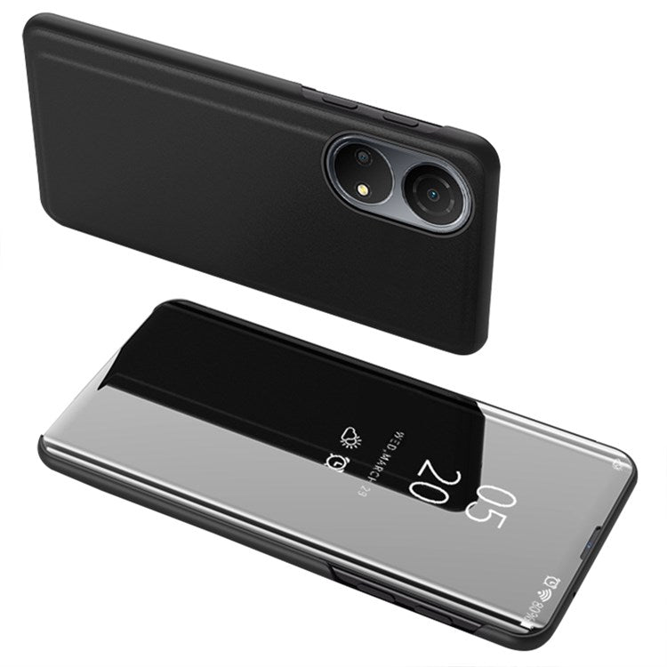 For Honor X7/Play 30 Plus 5G Adjustable Stand Design PU Leather Anti-shock Case View Window Electroplate Mirror Mobile Phone Protector - Black