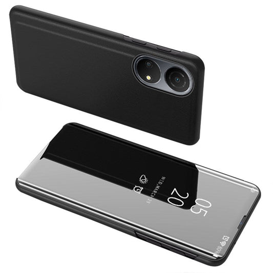 For Honor X7/Play 30 Plus 5G Adjustable Stand Design PU Leather Anti-shock Case View Window Electroplate Mirror Mobile Phone Protector - Black