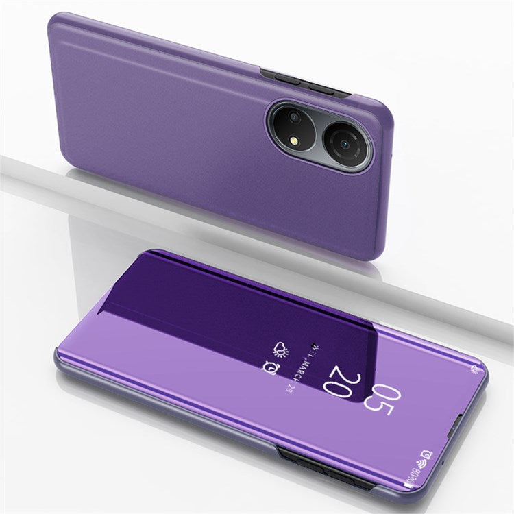 For Honor X7/Play 30 Plus 5G Adjustable Stand Design PU Leather Anti-shock Case View Window Electroplate Mirror Mobile Phone Protector - Purple Blue