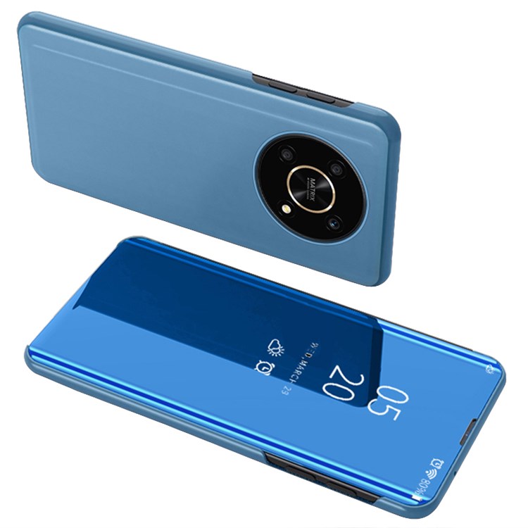 For Honor X9 5G/X30 5G/Magic4 Lite 5G Foldable Stand Design PU Leather Case View Window Electroplate Mirror Wear-resistant Phone Shell - Sky Blue