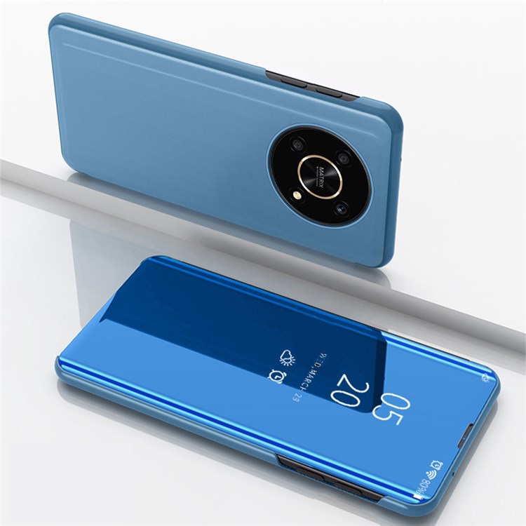 For Honor X9 5G/X30 5G/Magic4 Lite 5G Foldable Stand Design PU Leather Case View Window Electroplate Mirror Wear-resistant Phone Shell - Sky Blue