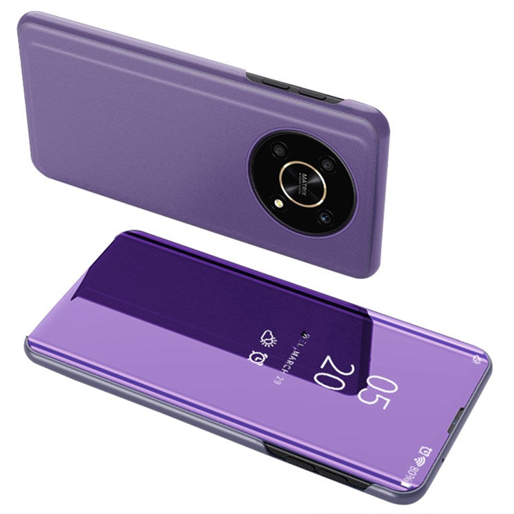 For Honor X9 5G/X30 5G/Magic4 Lite 5G Foldable Stand Design PU Leather Case View Window Electroplate Mirror Wear-resistant Phone Shell - Purple Blue