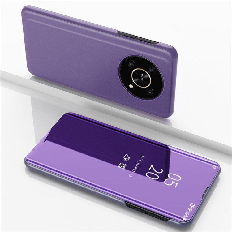 For Honor X9 5G/X30 5G/Magic4 Lite 5G Foldable Stand Design PU Leather Case View Window Electroplate Mirror Wear-resistant Phone Shell - Purple Blue