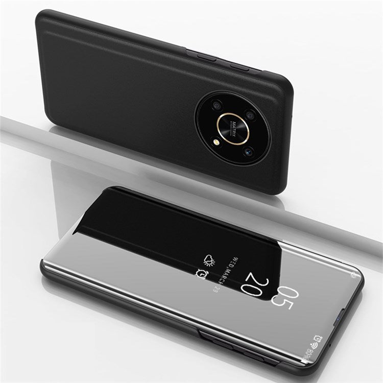 For Honor X9 5G/X30 5G/Magic4 Lite 5G Foldable Stand Design PU Leather Case View Window Electroplate Mirror Wear-resistant Phone Shell - Black