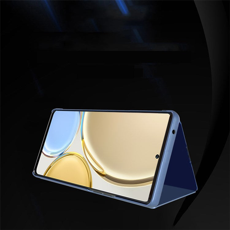For Honor X9 5G/X30 5G/Magic4 Lite 5G Foldable Stand Design PU Leather Case View Window Electroplate Mirror Wear-resistant Phone Shell - Black