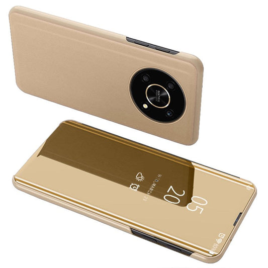 For Honor X9 5G/X30 5G/Magic4 Lite 5G Foldable Stand Design PU Leather Case View Window Electroplate Mirror Wear-resistant Phone Shell - Gold
