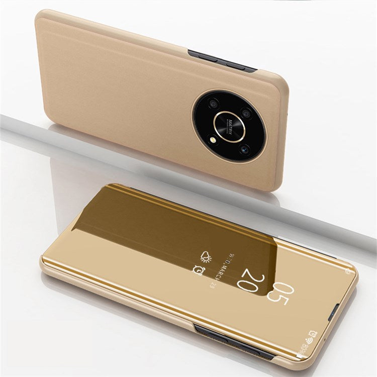 For Honor X9 5G/X30 5G/Magic4 Lite 5G Foldable Stand Design PU Leather Case View Window Electroplate Mirror Wear-resistant Phone Shell - Gold