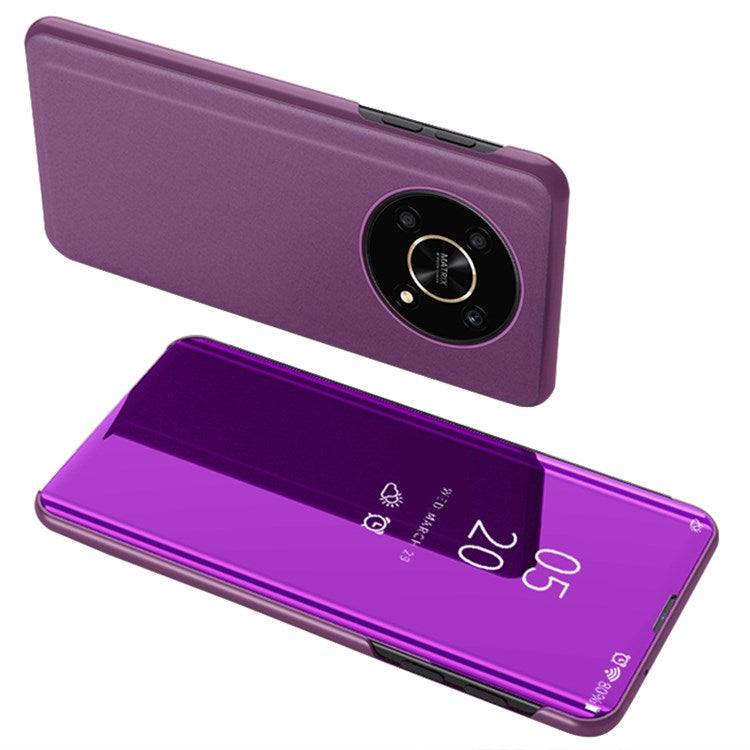 For Honor X9 5G/X30 5G/Magic4 Lite 5G Foldable Stand Design PU Leather Case View Window Electroplate Mirror Wear-resistant Phone Shell - Purple