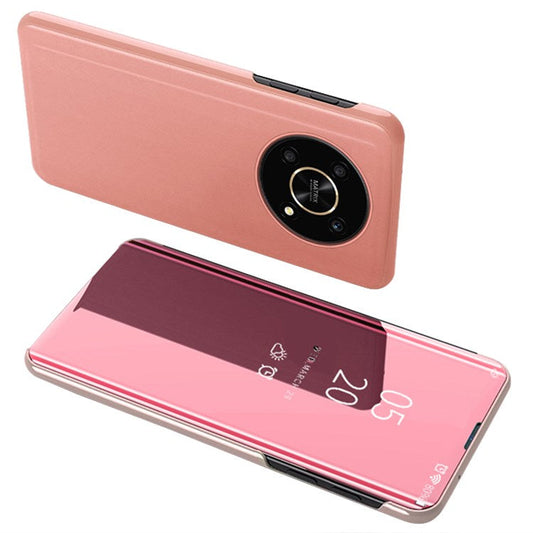 For Honor X9 5G/X30 5G/Magic4 Lite 5G Foldable Stand Design PU Leather Case View Window Electroplate Mirror Wear-resistant Phone Shell - Rose Gold