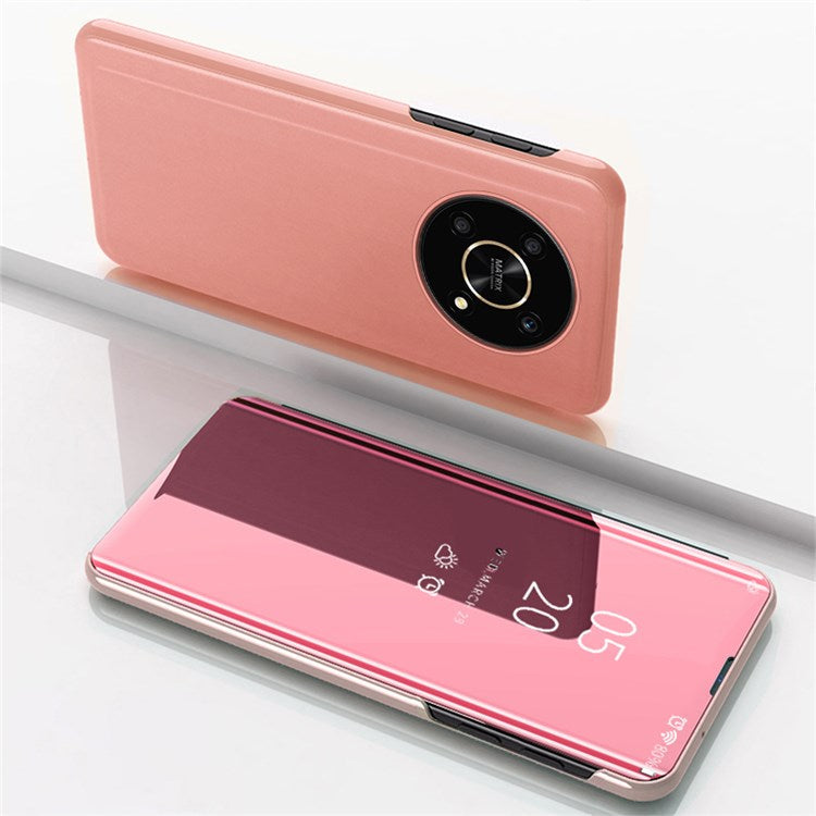 For Honor X9 5G/X30 5G/Magic4 Lite 5G Foldable Stand Design PU Leather Case View Window Electroplate Mirror Wear-resistant Phone Shell - Rose Gold