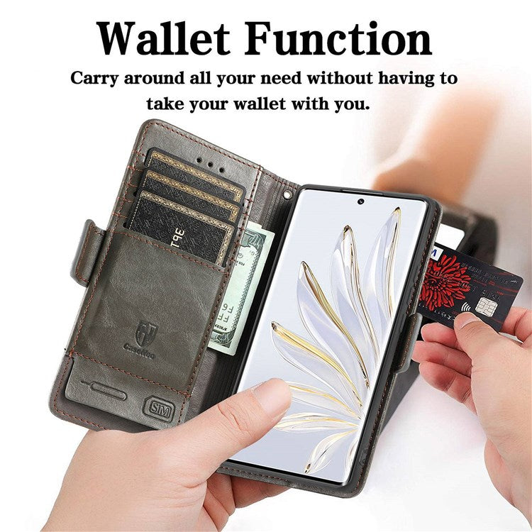 CASENEO 002 Series Business Style Leather Case for Honor 70 5G, Stand Wallet Splicing Phone Cover with RFID Blocking - Grey