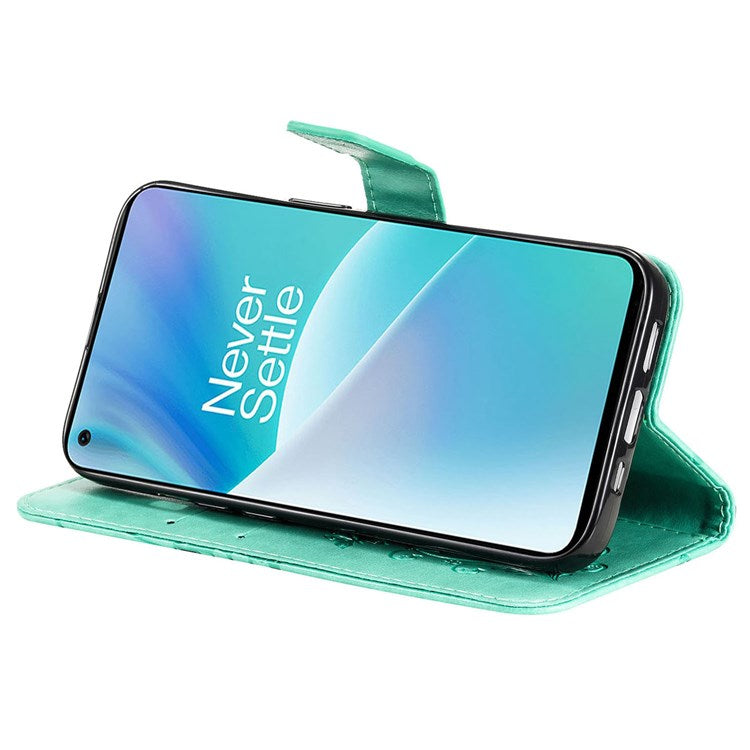 KT Leather Series-2 for OnePlus Nord 2T 5G Butterfly Imprinted PU Leather Flip Wallet Case Stand Shockproof Phone Cover - Green