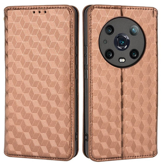 For Honor Magic4 Pro 5G Imprinted Rhombus Pattern Phone Cover PU Leather Magnetic Design Stand Wallet Case - Brown